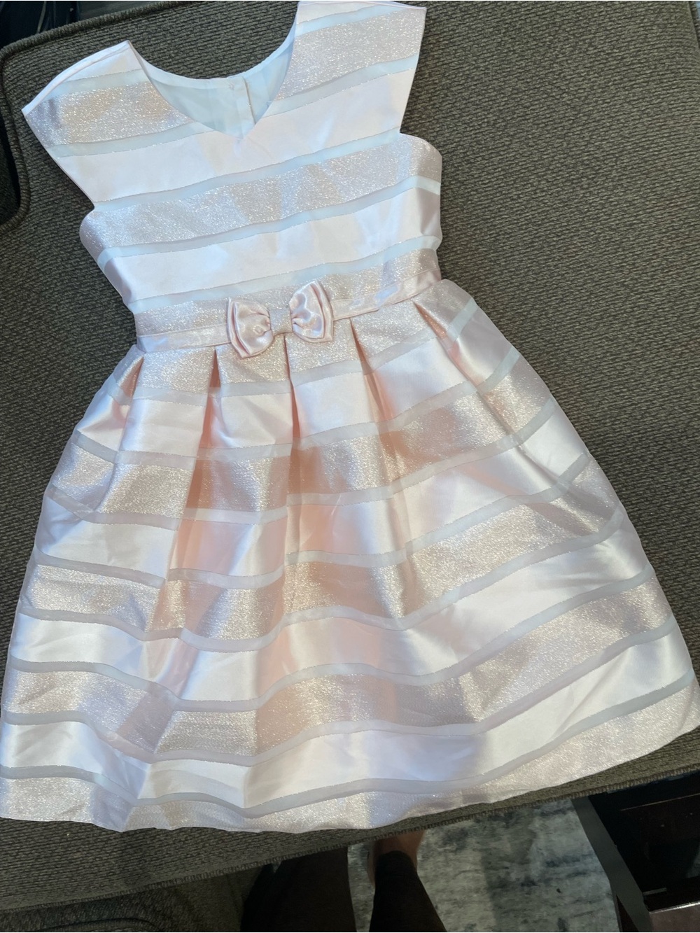 Jona Michelle Blush Pink & White Shimmer Stripe Party Dress with Bow